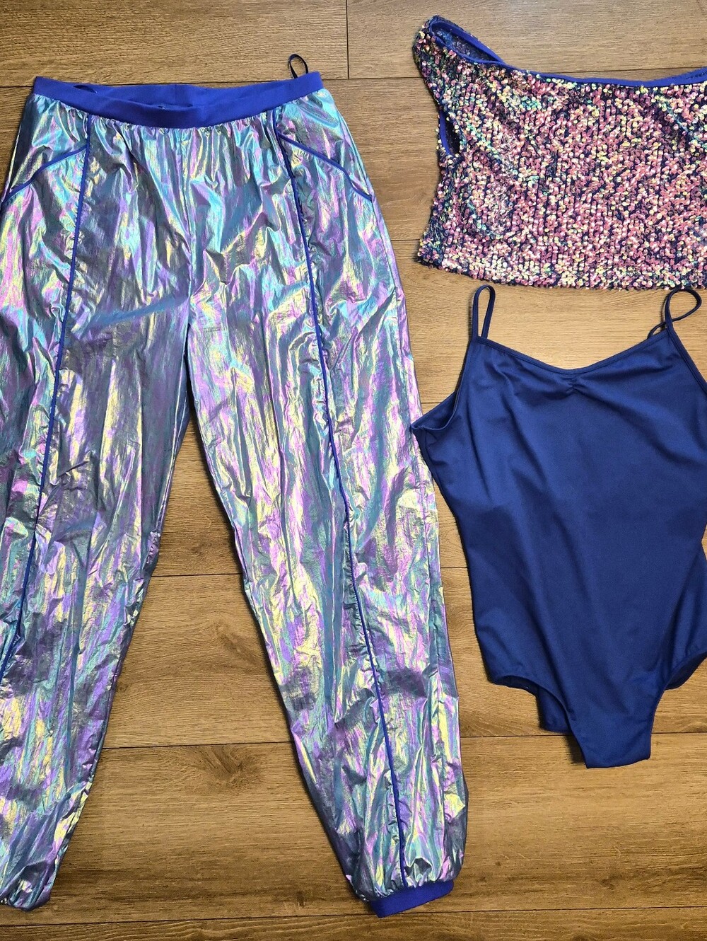 Iridescent Holographic Jogger Pants with Navy Blue Bodysuit & Sequin Crop XL